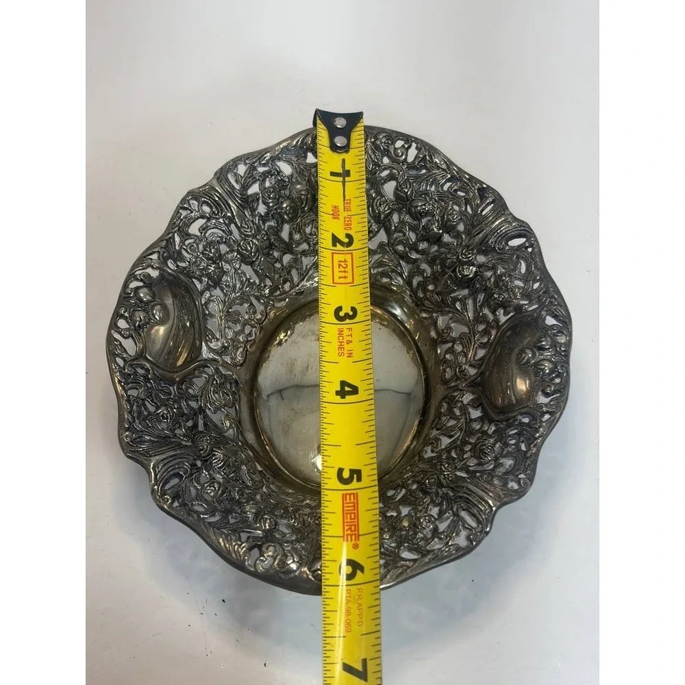 Vintage Silver Tone‎ Repousse Floral Reticulated Decorative Bowl Candy Dish 6